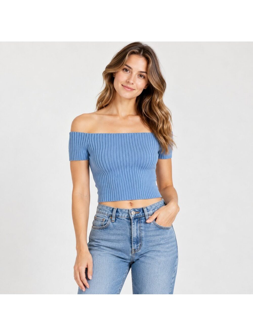 Subdued Blue Ribbed Knit Off Shoulder Short Sleeve Crop Top One Size Italy